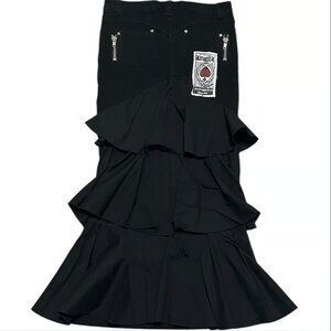 Vintage Lip Service Ruffle Denim Maxi Patch Skirt Black Large
